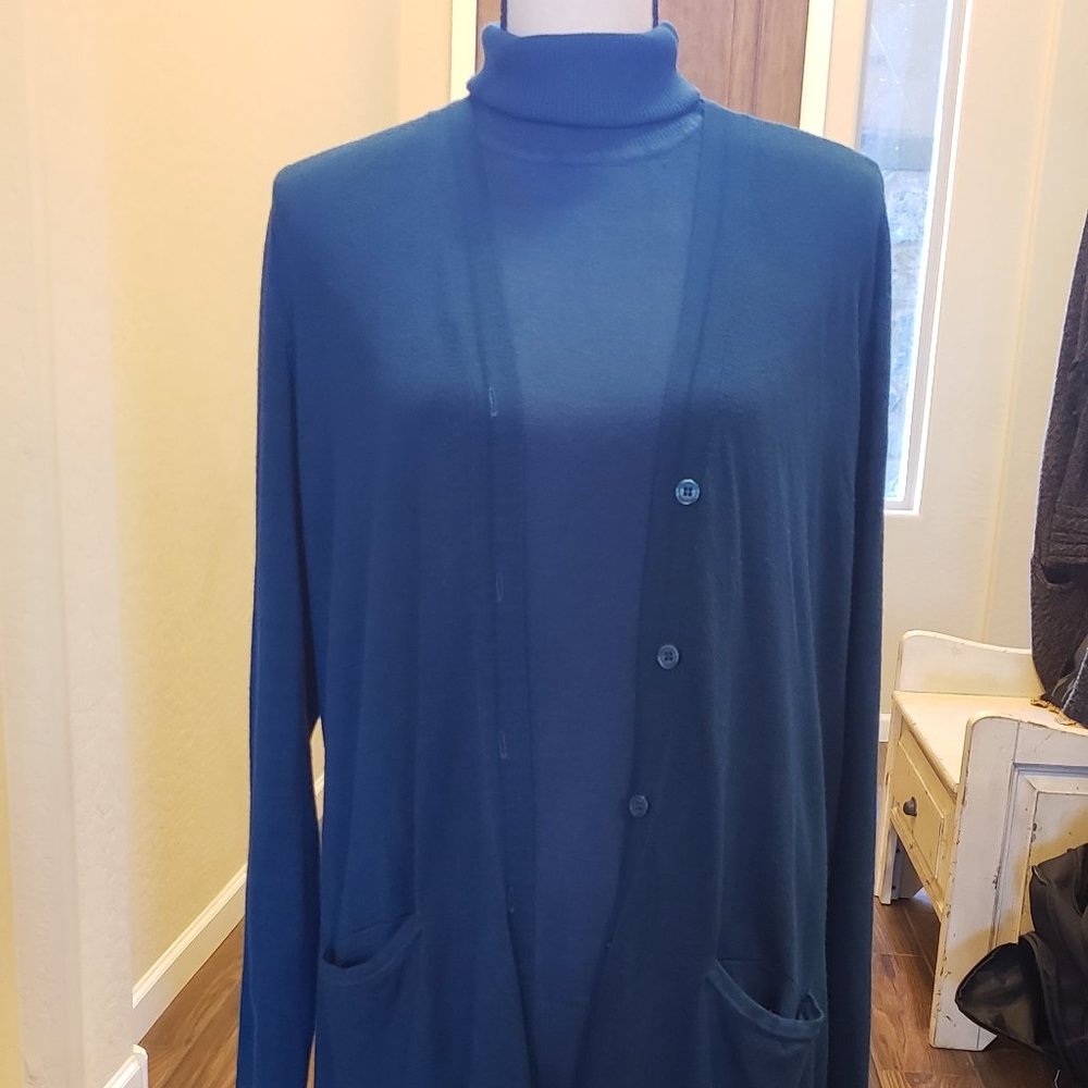 Teal long sweater with matching turtleneck blouse